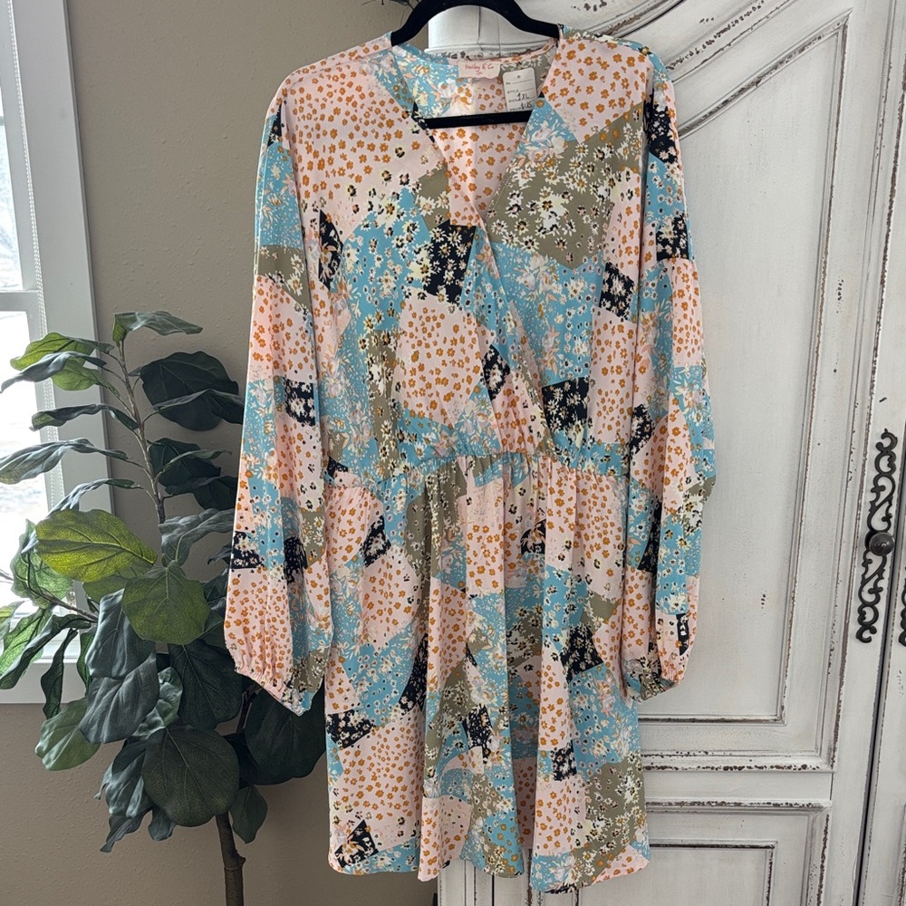 NWT Boutique Hailey & Co Multicolor Pastel Floral Patchwork Long Sleeve Dress 1X